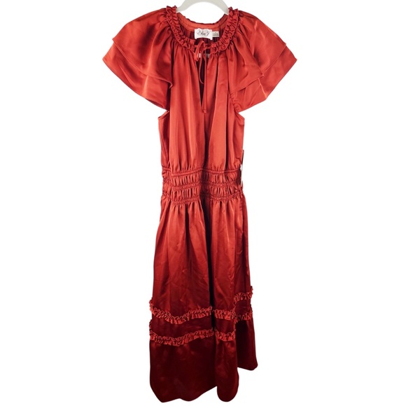 NWT Eliza J Tiered Rost Colored Ruffle Dress Size 4 Sleeve Tie Midi Dress - Picture 1 of 14